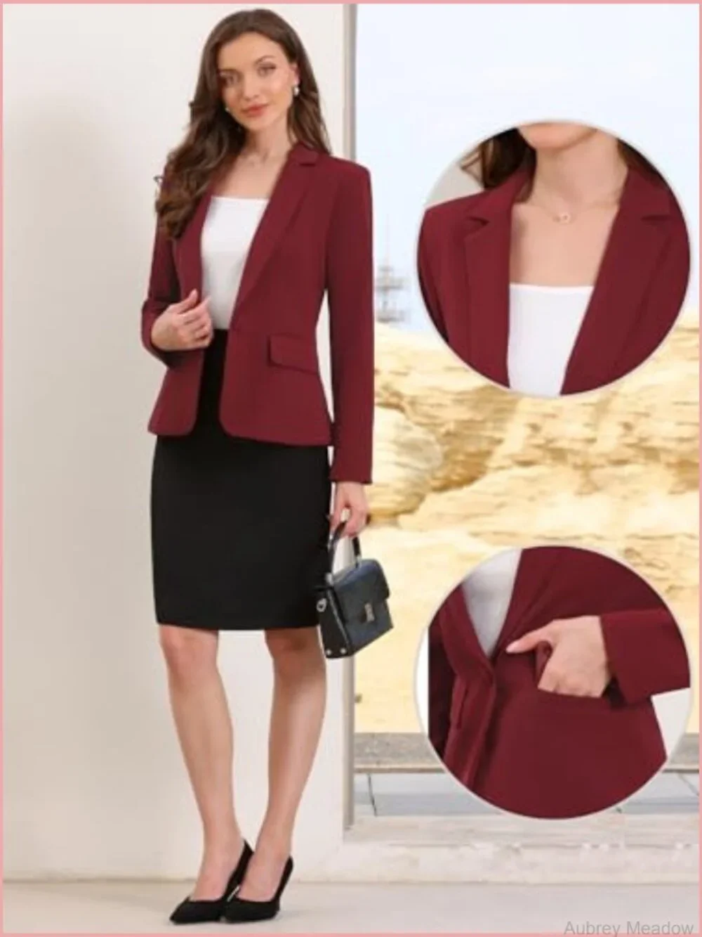 One-Button Blazer with Pockets & Shoulder Pads for Office Work
